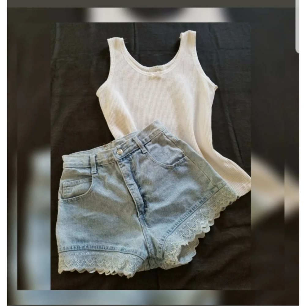High waisted blue jean shorts denim lace trim 7/8